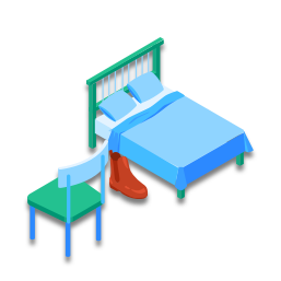 La chaussure est entre le lit et la chaise