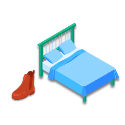 La chaussure est à gauche du lit