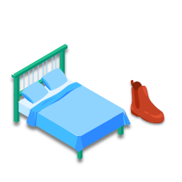 La chaussure est à droite du lit