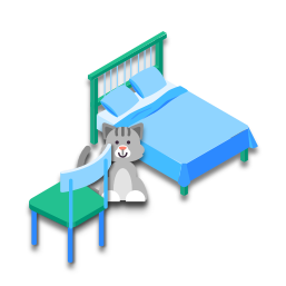 Le chat est entre le lit et la chaise